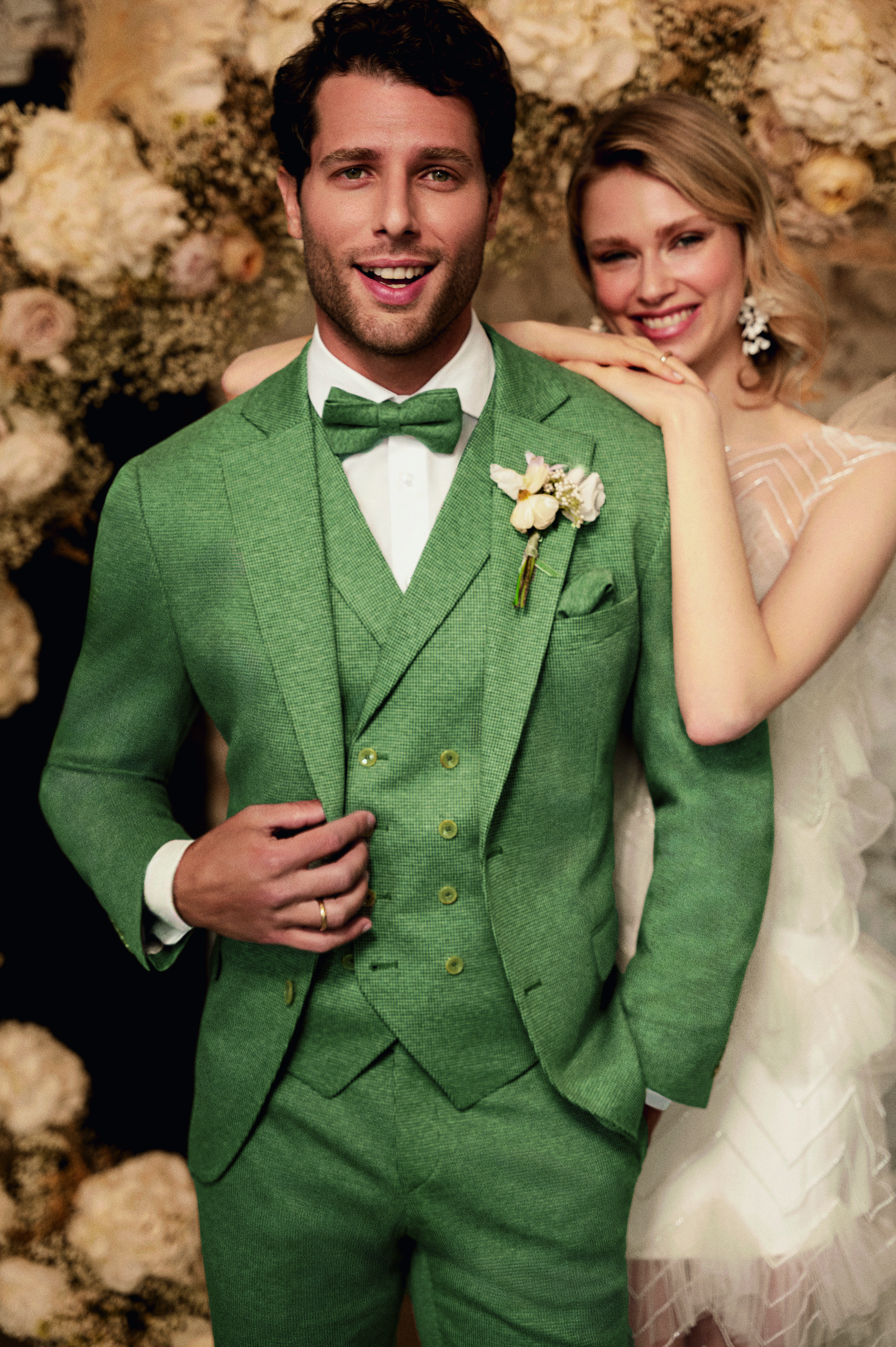 Atelier Torino slim fit, közép zöld, apró mintás,vintage esküvoi öltöny